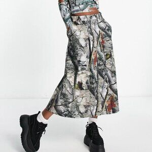 Basic Pleasure Mode Hunter Camo Denim Midi Skirt Front & Back Pockets